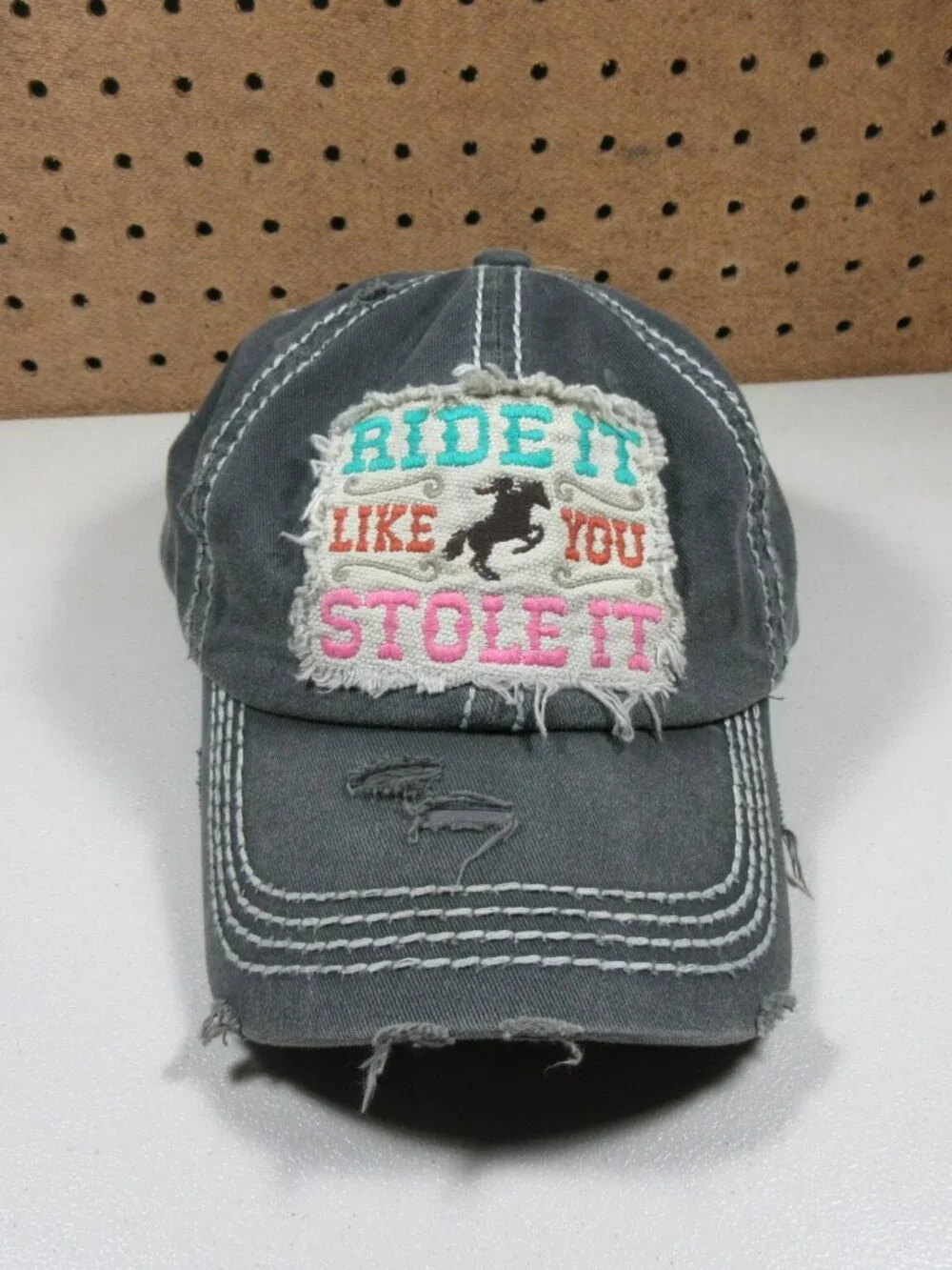KB ETHOS womens gray distressed Ride It Equestrian Cowgirl strapback hat